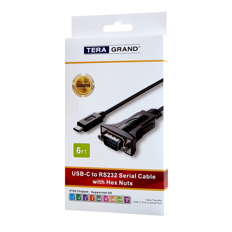 Tera Grand - USB C to RS232 Serial DB9 Adapter Cable with Hex Nuts and FTDI chipset, Supports Windows 11, 10, 8, 7, Vista, XP, 2000, 98, Linux and Mac, 6 Ft 6 Feet
