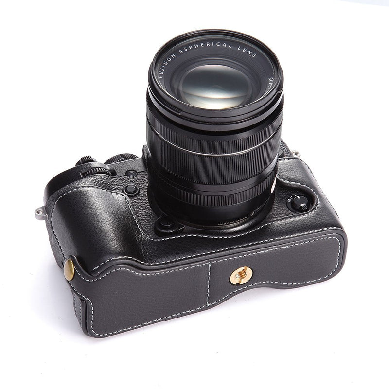X-T2 X-T3 Case, BolinUS Handmade Genuine Real Leather Half Camera Case Bag Cover for Fujifilm X-T2 Fuji XT2 Bottom Opening Version Hand Strap -Black Black