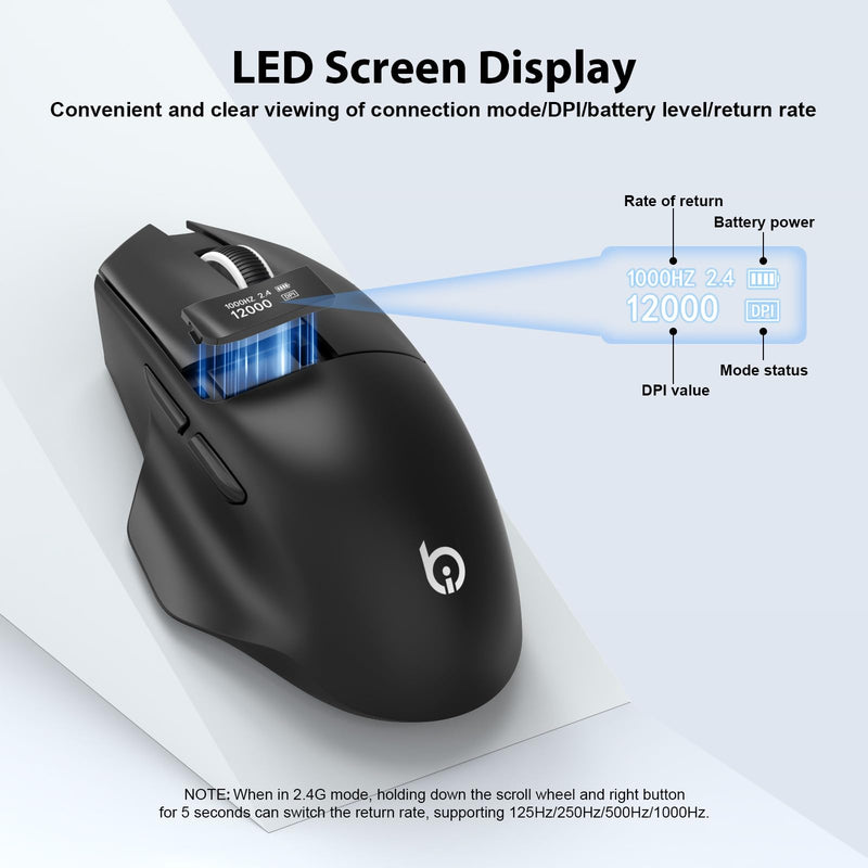 G9Pro Wireless Bluetooth Mouse with LED Screen Display | 12000 DPI Computer Mouse with 6 Adjustable DPI, Wired/BT1/2.4G Tri-Mode, Type-C Rechargeable, Lightweight & Office Use for PC Black
