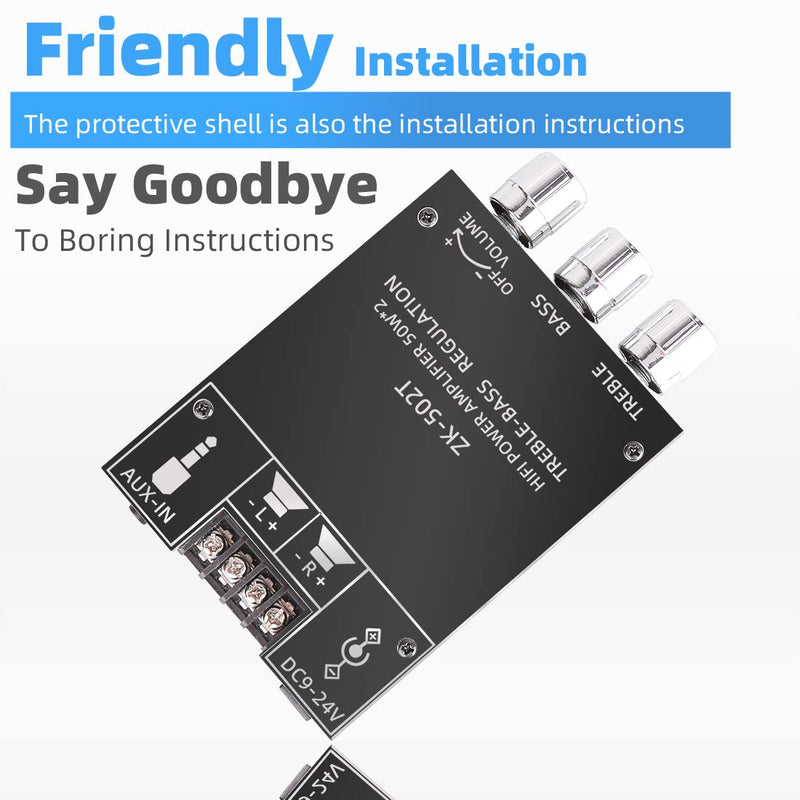ZK-502T Bluetooth Amplifier Board with Treble and Bass Control, TPA3116D2 50W x 2, DC:9-24V, Bluetooth 5.0 AMP Board for Home Passive Speakers