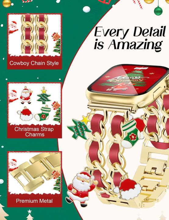 Newlibery Christmas Natural Stone Bracelet Band Gold Charms Metal Strap Bundle Compatible with Apple Watch 38mm 40mm 41mm 42mm 44mm 45mm 46mm 49mm for Women for iWatch Series 10/9/8/7/6/5/4/3/2/1/SE