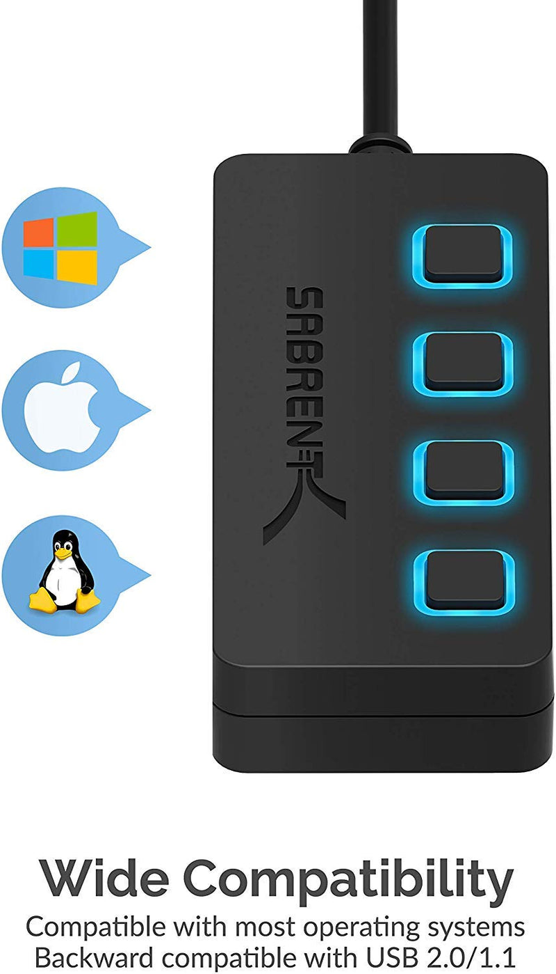 SABRENT 4-Port USB 2.0 Data Hub, LED Power Switches (HB-UMLS) | Individual LED-lit power switches; data only (charging not supported); for Mac & PC USB-A 4-Port