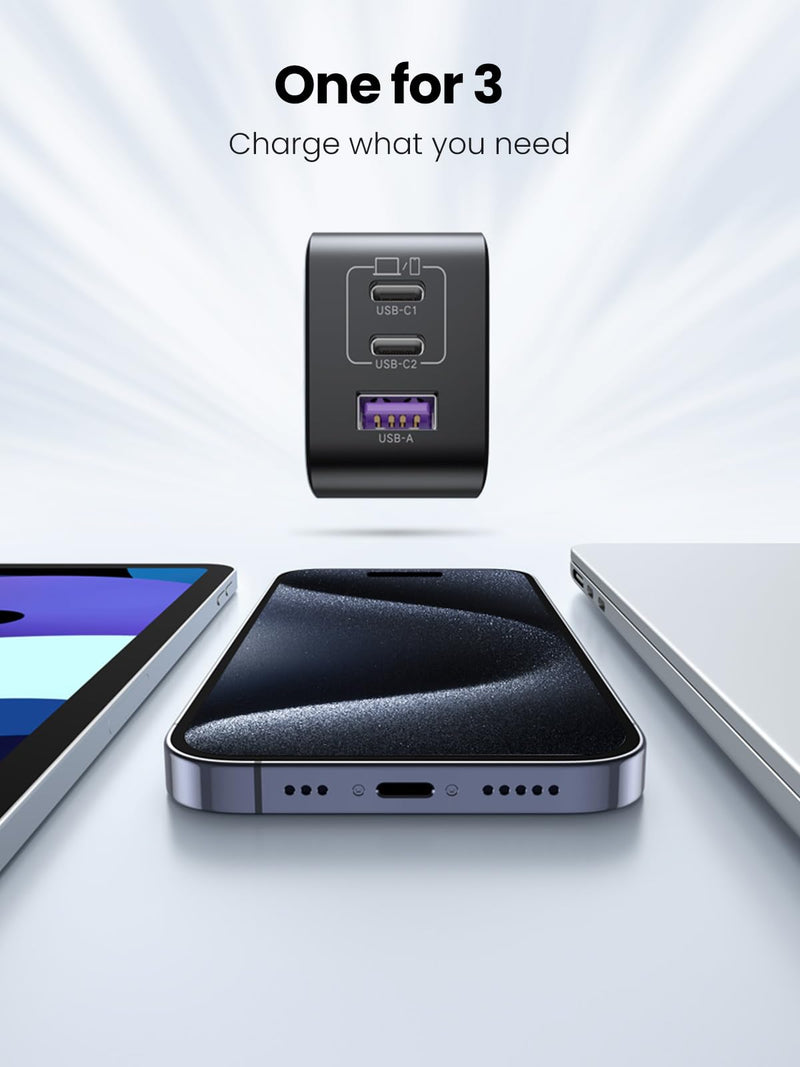 UGREEN 65W USB C Charger, Nexode 3 Ports GaN Fast Charger Block, Compact Foldable Wall Charger for MacBook Pro/Air, iPhone 15 Pro Max/14/13, iPad Pro, Galaxy S24/S23, Pixel 8, Steam Deck (Black) Black