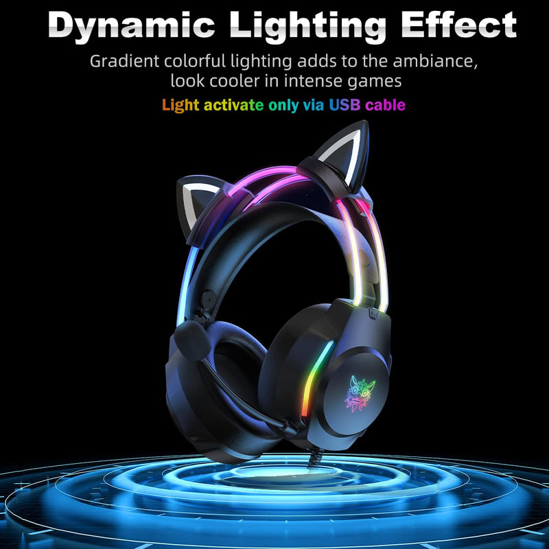 Gaming Headset with Microphone, Cat Ear Headphones for PC Laptop PS4 PS5 Xbox Switch, Rainbow RGB Lighting & Virtual Surround Sound, 3.5mm Wired Over Ear Headphones, Ergonomic Black Cat Ear