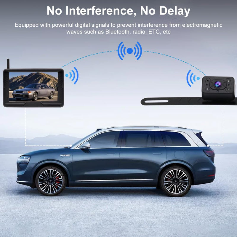 Wireless Backup Camera System Kit 5 Inch HD 1080P | Digital Signal Transmission, IP69 Waterproof Night Vision Rear View Reverse Camera for Car Pickup Truck RV Camper Van 5 Inch Wireless