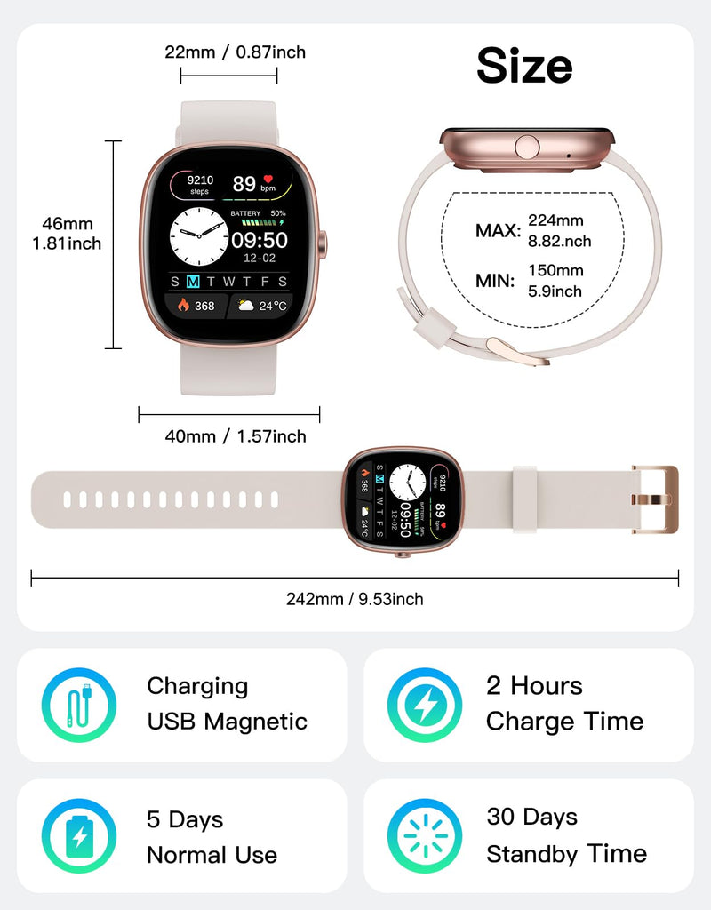 Fitness Tracker with Call Function, 1.85” Fitness Watch for Women and Men, 24/7 Heart Rate & Blood Oxygen Monitor, Sleep Tracker, 100+ Sport Modes, IP68 Waterproof (Starlight)