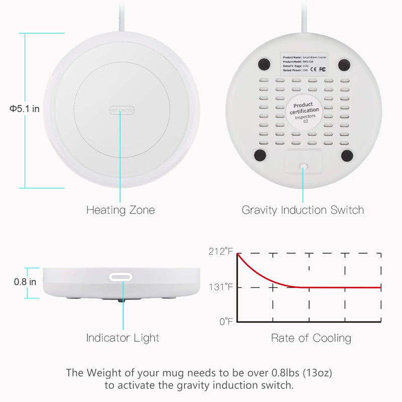 BESTINNKITS Smart Coffee Set Auto On/Off Gravity-induction Mug Office Desk Use, Candle Wax Cup Warmer Heating Plate (Up To 131F/55C), 14oz (White Set) White Set