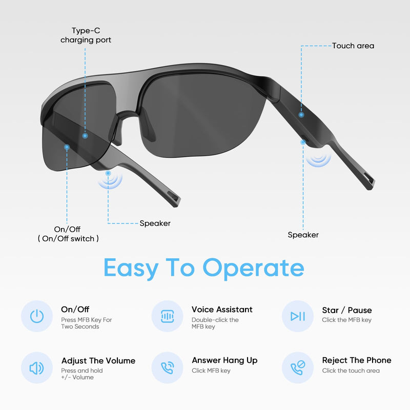 Polarized Bluetooth Smart Sunglasses with Built-in Mic, Open-Ear Audio, IP65 Waterproof & 5-Hour Battery (Black) Black
