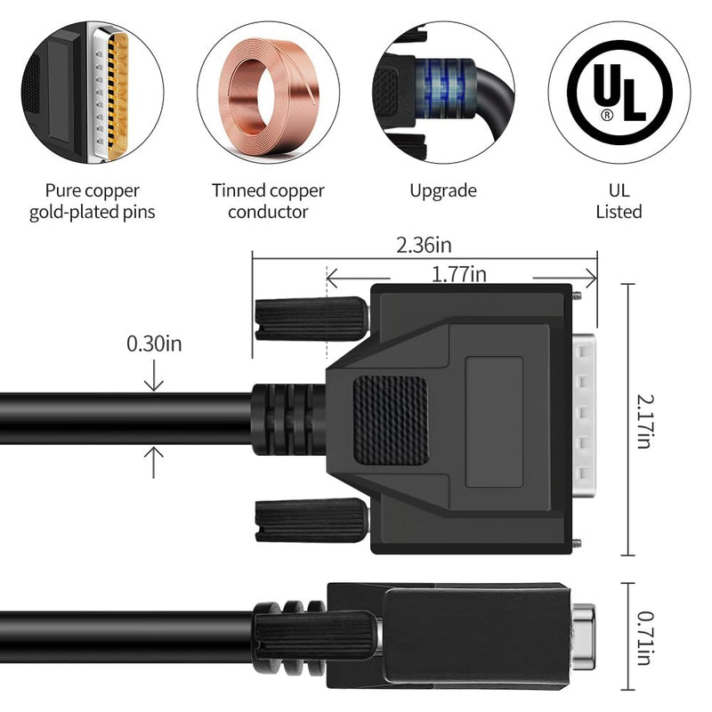 DB25 25 Pin 6.6 Feet(2 Meter) Two Row Straight Through Serial Cable, Double Shielded(Metal Braiding&AL-foil), Female to Male, Black, SC920S08FM 6.6 feet(2 meter)