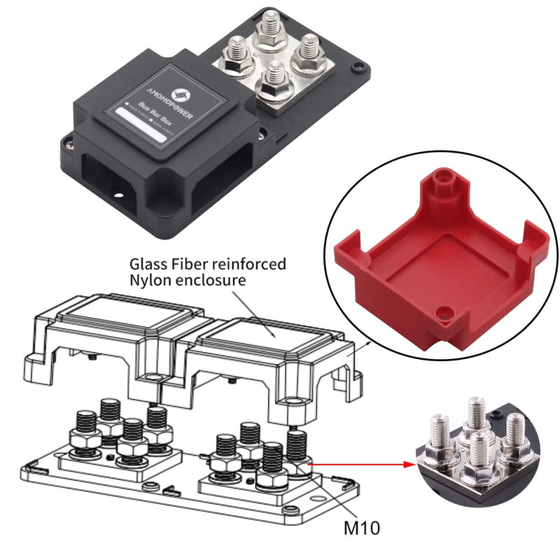 Heavy Duty Bus Bar Copper 48V 400A Busbar 8X3/8 Posts Battery Distribution | Gloaso 12V 24V DC Terminals Power Junction Buss Bar 400 Amp for Car RV Marine Solar PV Boat Trucks Camper Vehicle, Red&Black 400A- 8x3/8" (M10)- Black&Red