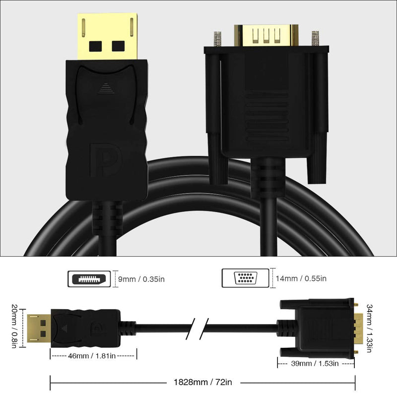 [AUSTRALIA] - 2 Pack DisplayPort to VGA 6ft, 6 Feet DisplayPort to VGA Adapter DP to VGA Cable Connects DP Port from Desktop Laptop to Monitor or Projector with VGA Port, Display Port to Vga Male to Male 2 pack 