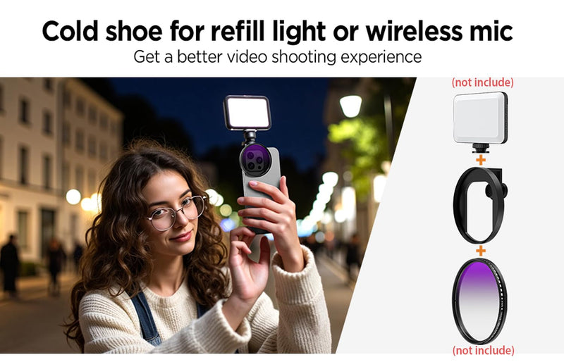 Universal Lens Filter Clip, 67mm Threaded Filter Adapter Mount for Phone Photography, Compatible with 67mm Threaded Filters & LED Lights, Built-in Cold Shoe Mount