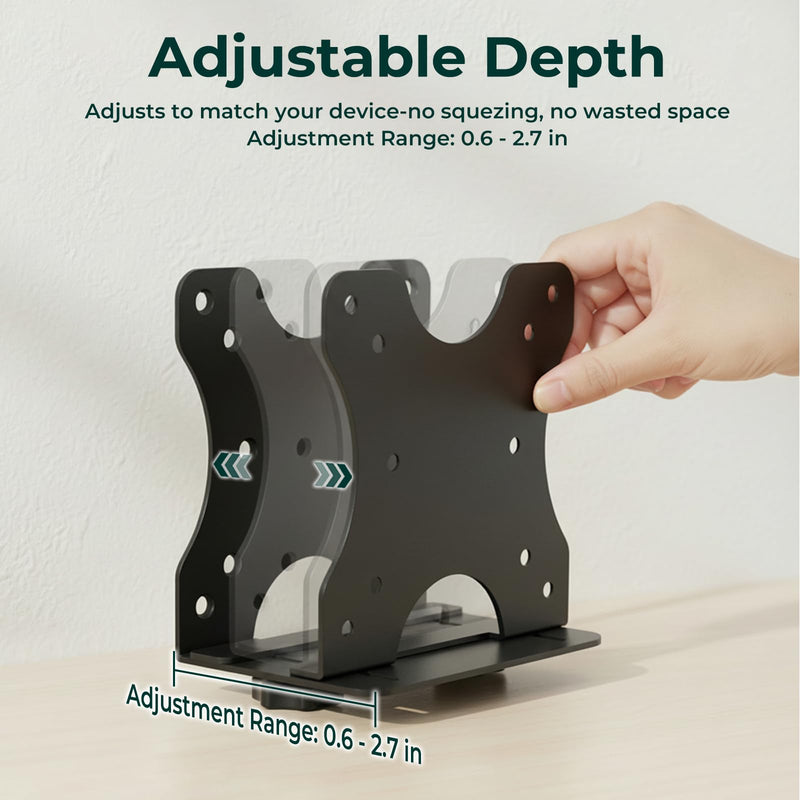 Yimaut Adjustable Mini PC Vesa Mount Bracket Behind Monitor, Under Desk, Attached to Monitor Arm, Wall or Stand Pole for HP, Dell, KAMRUI, Mac Mini, GMKtec, Cable Boxes, Wi-Fi Routers and Small CPUs