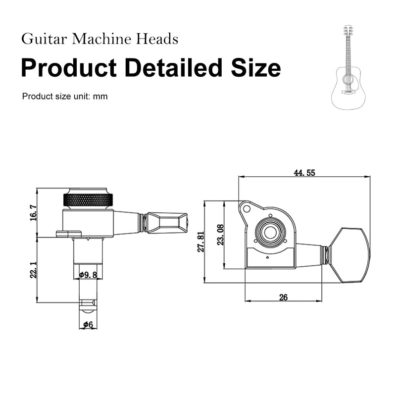 SAPHUE 6R Guitar Locking Tuners 1:18 Lock String Tuning Key Pegs Machine Head with Hexagonal Handle Replacement for Electric Folk or Acoustic Guitars (Black) Black