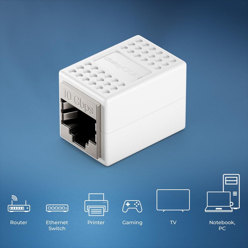 deleyCON LAN Cable Extension RJ45 Coupling (10 Gbit/s) Connector for Cat8/Cat7/Cat6/Cat5 Ethernet Cable Patch Cable Network Adapter 10 Gigabit POE - Pack of 2 - White 2 Stück