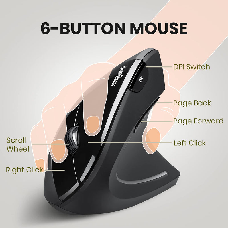 Perixx PERIMICE-713 Wireless Ergonomic Vertical Mouse - 800/1200/1600 DPI - Right Handed - Recommended with RSI User Black