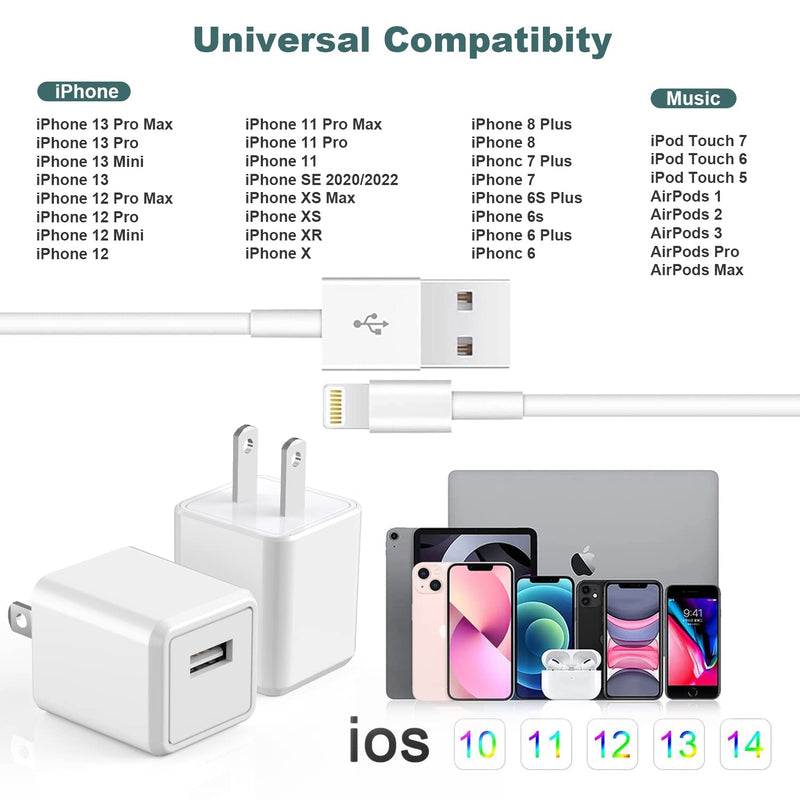 iPhone Charger,Cube iPhone Charger Travel 2Pack 6FT Lightning Cable Cord Quick Fast Charging Cord USB Wall Chargers Travel Plug Adapter for iPhone 14/13/12/11/10/X/8 Plus/XR/XS Max/7/SE/iPad,Airpods