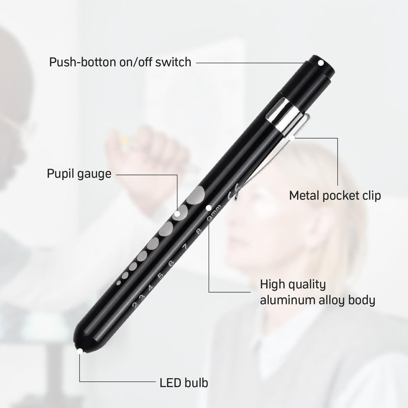Jinlaili Pack of 2 Reusable Diagnostic LED Pen Lamp, Torch Light Pen with Pocket Clip, Medical Pupil Light, for Nurses, Doctors, Students (Black and Silver)