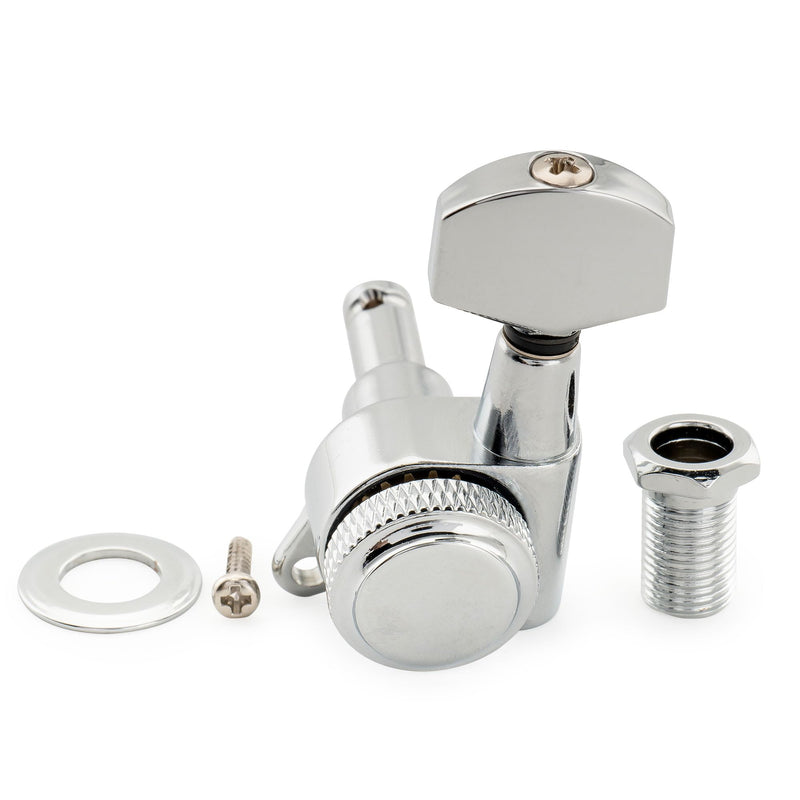 [AUSTRALIA] - Musiclily Pro Left-Handed 6-in-line 18:1 Ratio Full Sealed Locking Machine Heads Tuners Tuning Pegs Keys with Hex Button 45 Degree Screw for Strat Tele Style Electric Guitar, Chrome 6L Chrome 