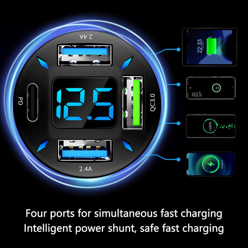 Car Charger 66W Super Fast Charging with USB PD&QC 3.0(Voltmeter&LED Lights) Universal Quick Charge for 12-24V Car Cigarette Lighter Plug,Compatible with iPhone 14 13 12,S22 S21 S20,iPad (BK351) BK351