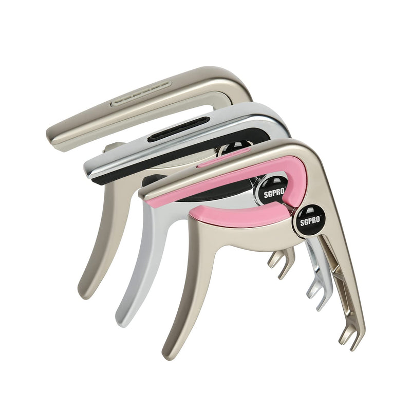 Guitar Capo 3-in-1: Acoustic & Electric Capo, Guitar Pin Puller, Pick Holder - Hidden Spring Design, Trapezoid Silicone Rubber Pad, Superior Zinc Alloy (Pink) Pink