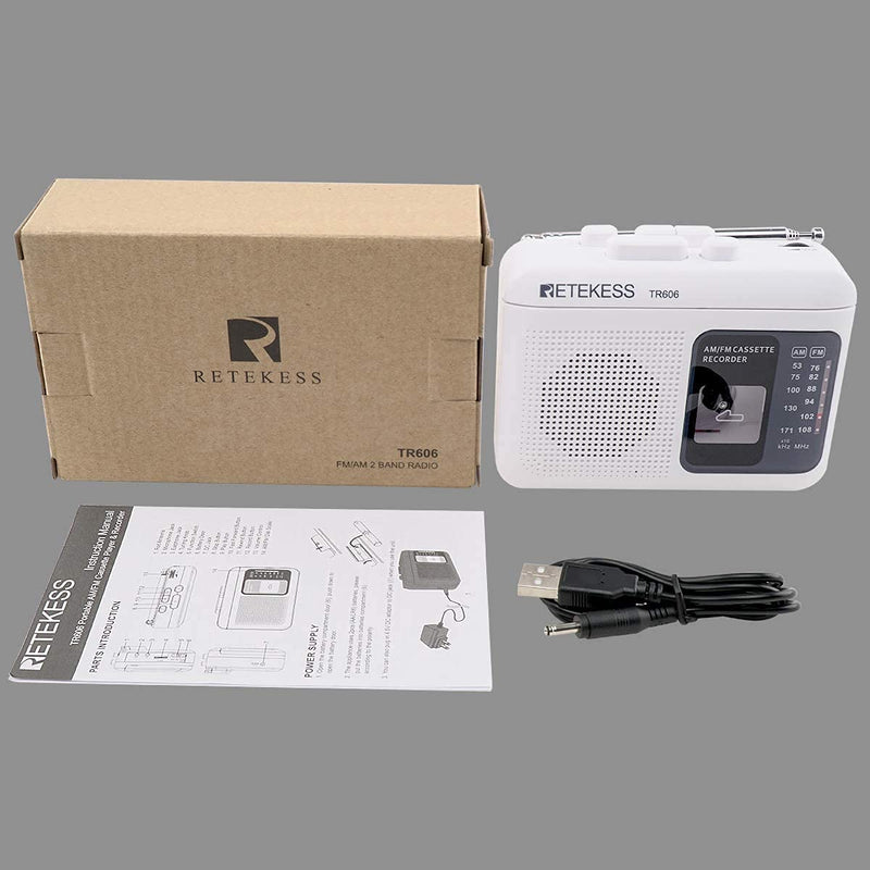 Retekess TR606 Portable Cassette Players Recorders, AM FM Radio Tape Player, Powered by DC or AA Battery with Recorder and AUX Input (White)