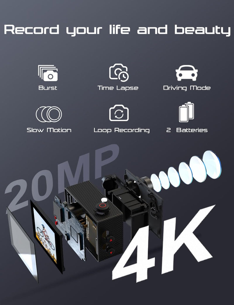 Apexcam Action Camera 4K with 64G SD Card Sports Camera 20MP 131FT Waterproof Underwater Camera 170°Wide-Angle WiFi Camera with 2.4G Remote Control, 2 Batteries, Mounting Accessories Kits M80AIR with SD CARD