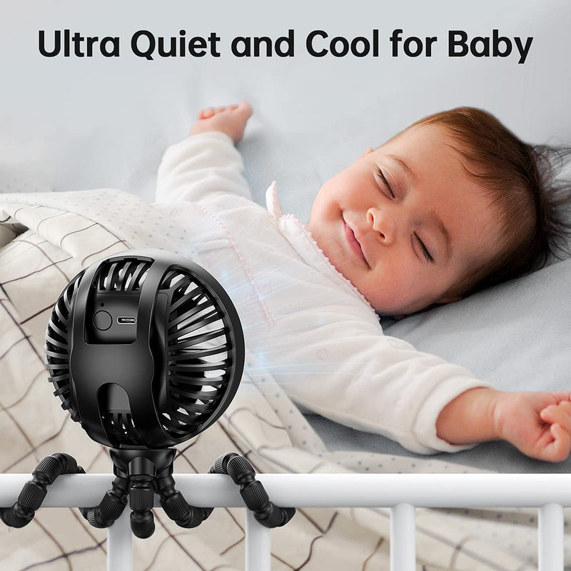 GUSGU Mini Stroller Fan Clip-on for Baby, Small Portable Fan Rechargeable and Handheld, USB Cooling Fan with 3 Adjustable Speeds and Flexible Tripod for Travel, Car Seat, Camping, and Bedroom black