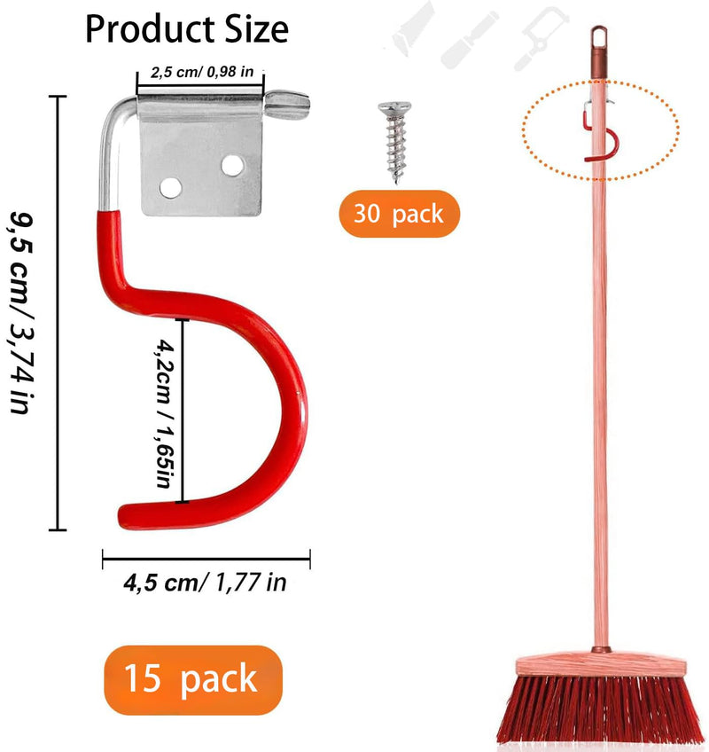 Mujiluxe Rubber Coating Garden Tools, Garden Tool Holder, Metal Hooks, Pack of 15 Red Hooks, Broom Holder, Tool Holder, with 30 Screws