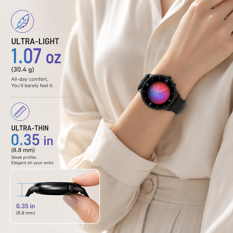 AOLON GTR3 Smart Watch for Men Women, AMOLED Display, Fitness Tracker | Ultra Thin 8.8mm Smartwatch with AMOLED AOD Display, 110+ Sports Modes, Heart Rate Sleep Monitor, IP68 Waterproof Black