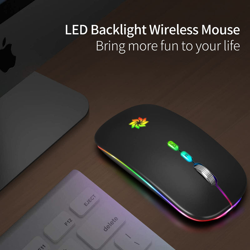 LED Wireless Mouse Slim Silent Mouse 2.4G Rechargeable Wireless Computer Mouse Wireless Mouse for Laptop, MacBook, iPad, Chromebook, with USB & Type-c Receiver Black with LED Backlit