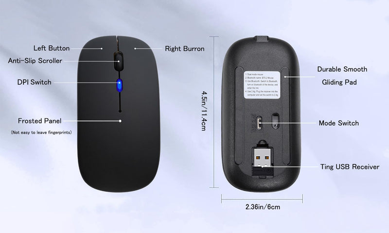 Wireless Bluetooth Mouse,LED Rechargeable Silent Slim Laptop Mouse,Portable(BT5.2/3.0 and USB 2.4G) Dual Mode Computer Mice,for Apple Laptop,ipad Tablet,Desktop,Mac,Phone. (Black Mouse) Black Wireless Bluetooth Mouse