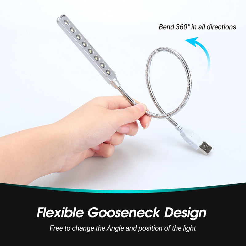 USB LED Light - 8 Super Bright LED Reading Lamp - No Batteries Needed - PC & Mac Compatible (ULT05 Silver)