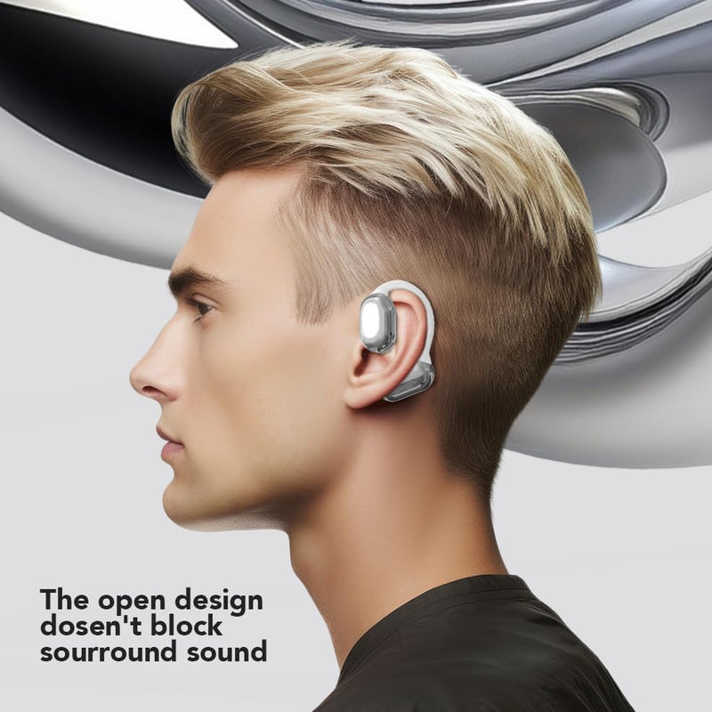 MyJoy Air Open Ear Earbuds, Wireless Bluetooth Open Earbuds Over The Ear Headphones with Microphone for Work & Workouts, Sweatproof Multi-Touch Open Earphones with LCD Panel Display, White