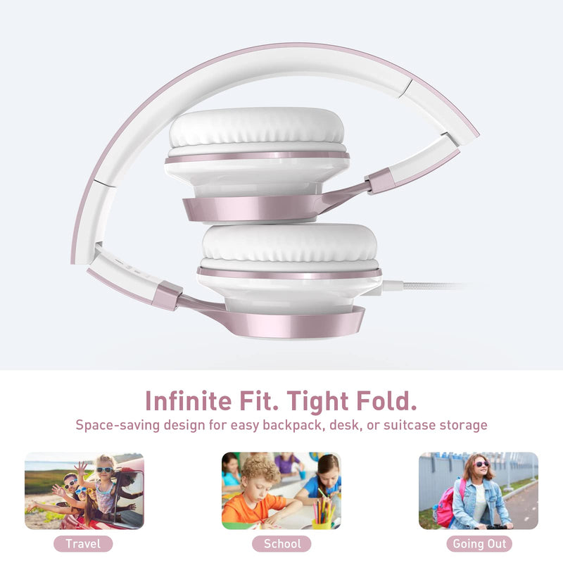 [AUSTRALIA] - AILIHEN MS300 Girl Headphones for Kids School, Wired On-Ear Headsets with Microphone for Chromebook Laptop Computer, Foldable Adjustable Teen Headphones, Tangle-Free, 3.5mm Jack (Rose Gold) Pink 