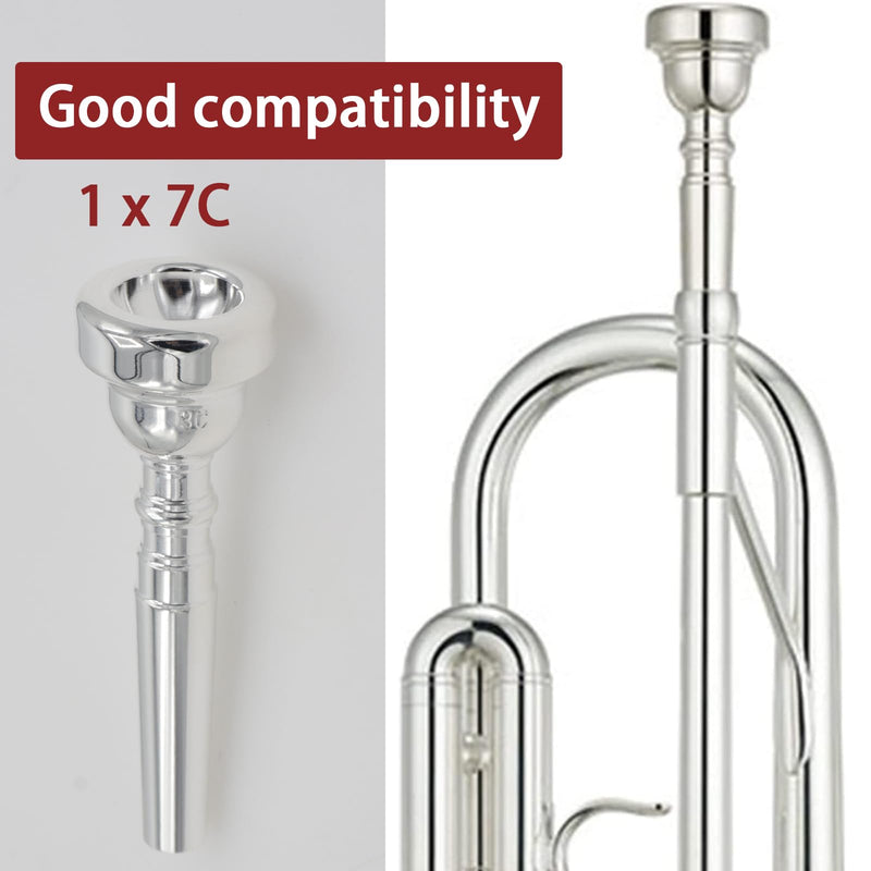 7C Trumpet Mouthpiece Set, Silver Plated Brass, Beginner to Pro, Durable & Reliable, with Cleaning Brush & Silver Polishing Cloth 7C