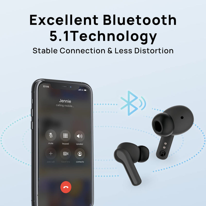 True Wireless Earbuds, Bluetooth 5.1 Active Noise Cancelling Headphones, Sliding Design Charging Case 500mAh, IPX4 Waterproof, Deep Bass Built-in Mic Call for Business & Sports - Black