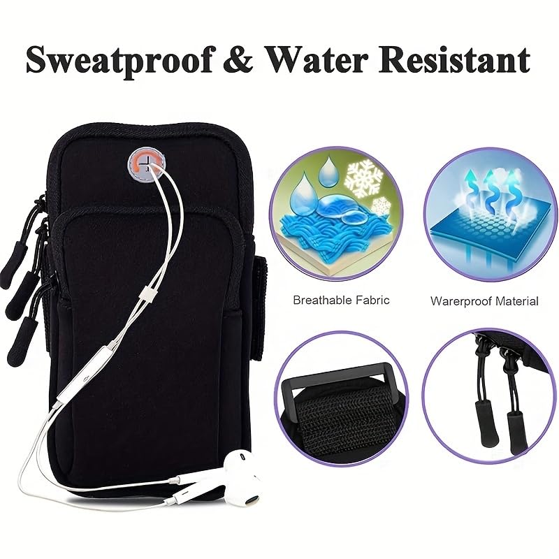 Phone Armband Waterproof Zip Pocket Adjustable Strap Headphone Port Fits iPhone 17-7 Plus Galaxy S26-S24 for Jogging Gym, Black
