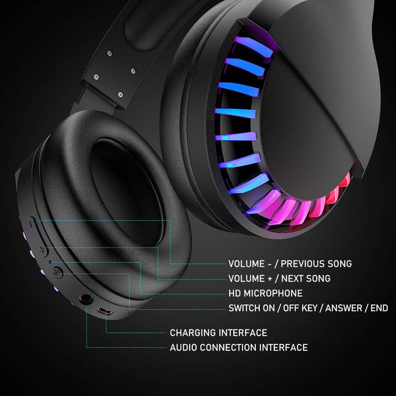 Wireless Bluetooth Headphone with Noise Cancellation HiFi Stereo Sound Mic Deep Bass Protein Earpad Rainbow RGB Backlight Rechageable Over Ear Headset for PC Mac Game Travel Class Home Office(Black) Black