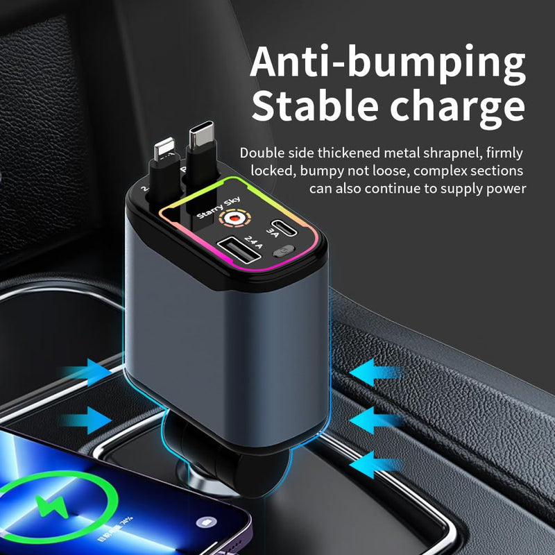 Starlight Retractable Car Charger,66W Starlight in Car roof Fast Car Chargers Adapter 4 in 1 with 2 USB Car Chargers for iPhone 16/15/14/13/12/11 and for Android USB C Cable (X3) X3