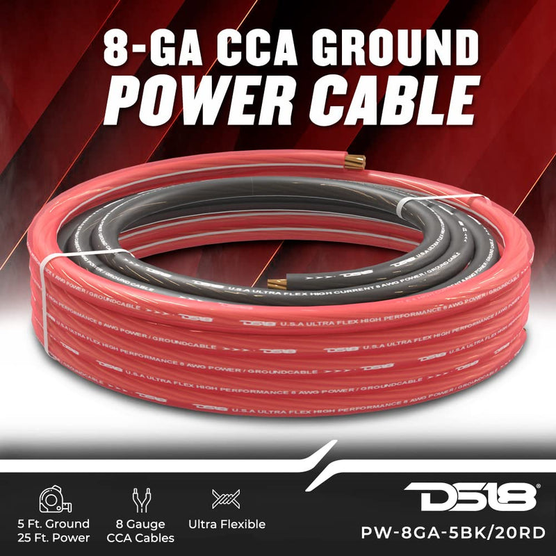 DS18 PW-8GA-5BK/20RD Ultra Flex Power Wire CCA 8 Gauge, 5ft Black and 20ft Red - Power Amplifier Wiring Kit