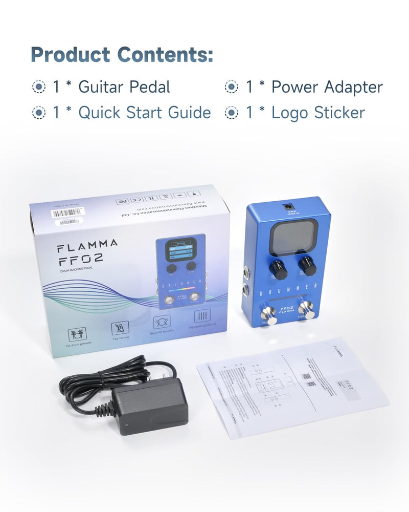 FLAMMA FF02 Drum Machine Guitar Pedal - 121 Drum Grooves, 11 Music Genres, Tap Tempo, Adjustable Rhythms, Stereo I/O for Live & Studio Use Drum Blue