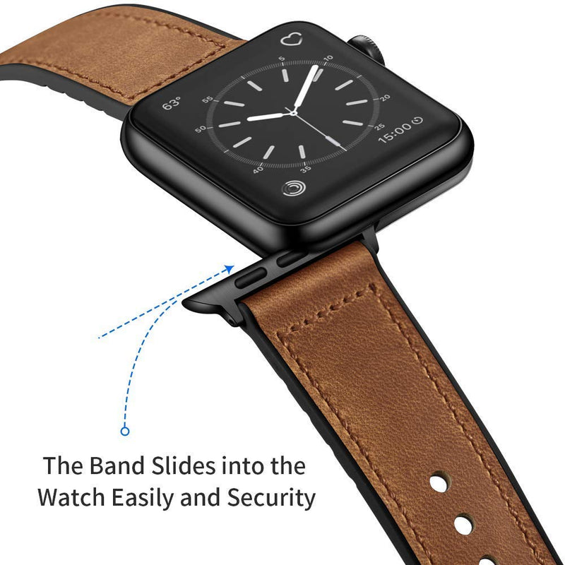 OUHENG Compatible with Apple Watch Band Sweatproof Genuine Leather and Rubber Hybrid Band 41mm 40mm 38mm Brown & Dark Brown
