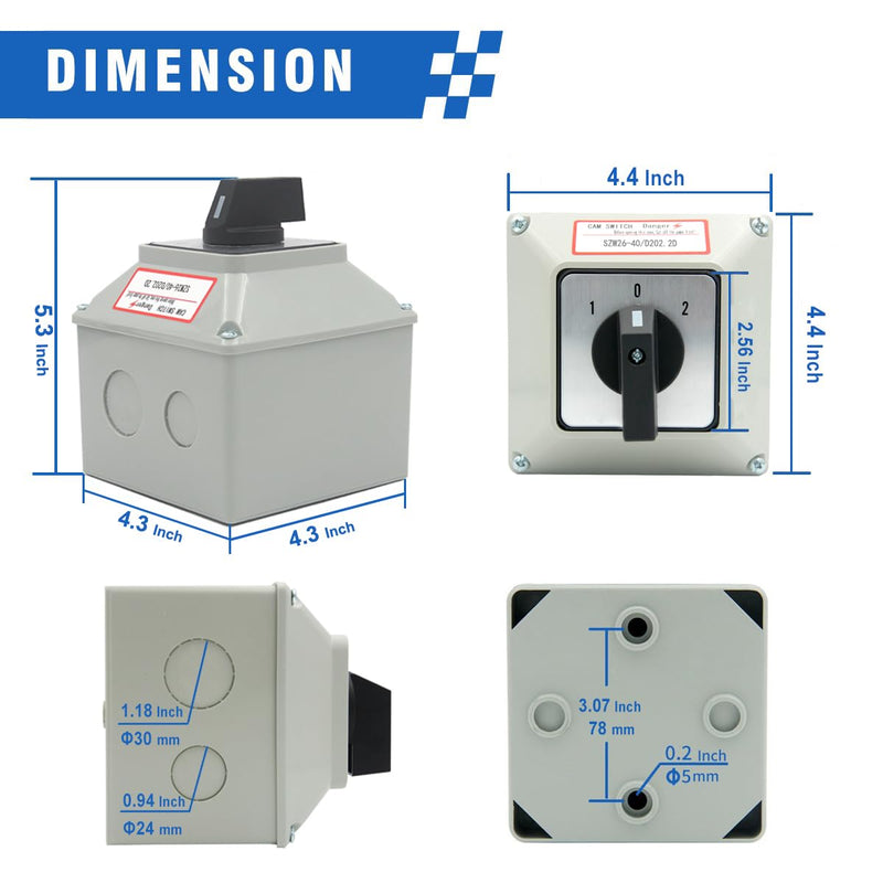 [AUSTRALIA] - 40A Rotary Changeover Switch with Box, 660V 3 Position 2 Phase 8 Terminals, 2-Way 2NO 2NC Universal Selector Switch with Yellow Fork Terminals IP65 CE 26-40/D202.2D 
