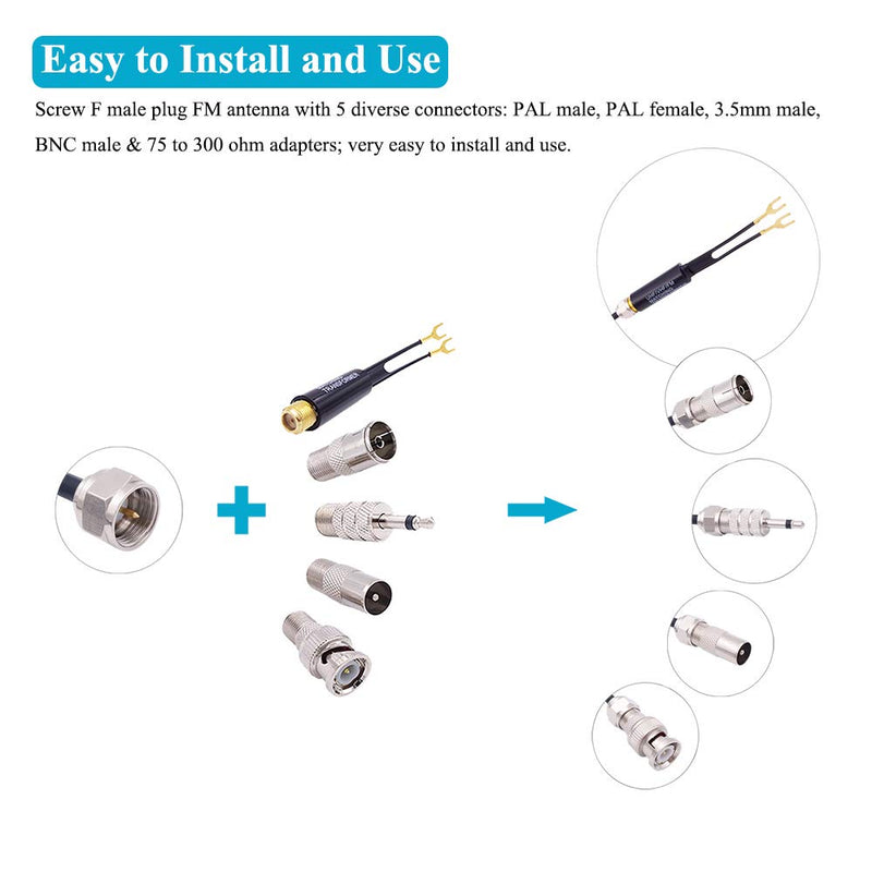 Fancasee Universal FM Antenna Magnetic Base 75 Ohm Screw F Male Plug with PAL BNC 3.5mm & 75 to 300 Ohm Adapter Connector Coax Coaxial Cable FM Radio Antenna for AV Home Stereo Receiver Indoor