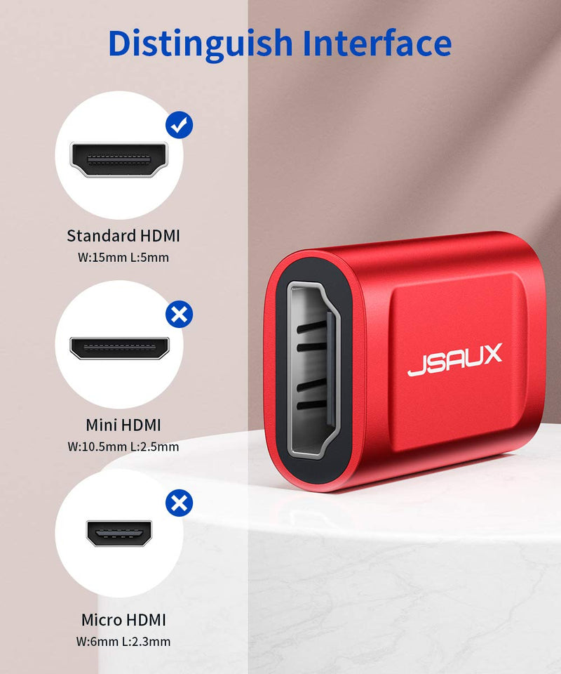 HDMI Coupler Female to Female 2 Pack, JSAUX 4K HDR HDMI Extension Connector Adapter Aluminum Alloy for HDTV, Roku Stick, Computer, PC, Monitor, Laptop, Projector, DVD Player, PS 4/3(Red) red