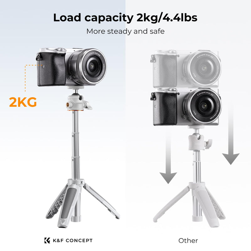 K&F Concept Selfie Stick Tripod, 360 Degree Rotation Mini Phone Stand with Ball Head and Cold Shoe Mount, Cellphone Holder with Wireless Remote for Smartphone White