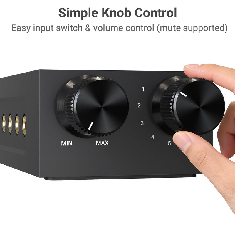 Cubilux 3.5mm 6-in-1 Stereo Audio Switcher with Volume Control & Mute, 6 Input to 1 Output Audio Selector Box for Headphones, Speakers, Laptop, PC, Smartphone, and Tablet