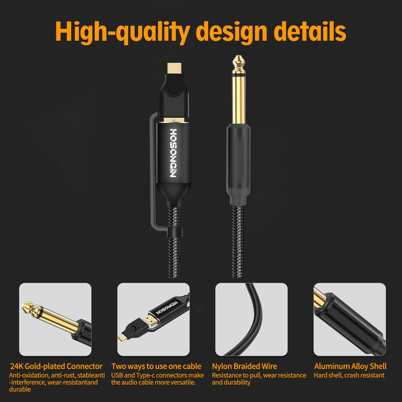 HOSONGIN USB Guitar Cable, Dual USB-C and USB-A Connectors, 16-bit/48kHz High-Fidelity Audio Adapter for Electric Guitar/Bass, Compatible with GarageBand, Audacity, and MacBook, 10 Feet
