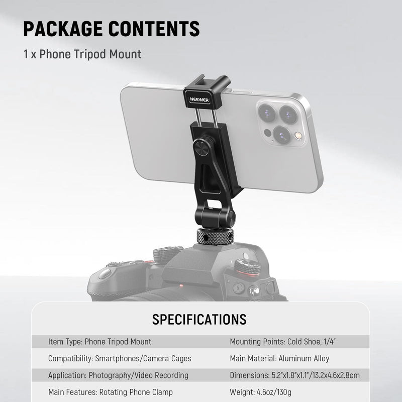 [AUSTRALIA] - Neewer Metal Phone Tripod Mount with Cold Shoes, 1/4" Thread, 180° Tilt, 360° Rotation, Adjustable Phone Clamp Metal Phone Holder Compatible with iPhone 16 15 Pro Max S24 Ultra Camera Cage, GA010 